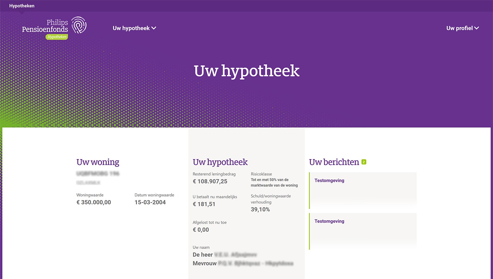 Voorbeeld inlogomgeving overzicht Uw Hypotheek